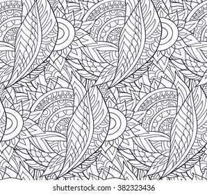 Oriental seamless background pattern. Vector illustration hand drawn. Fantasy flowers and leafs. Line art , black and white.