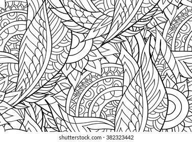 Oriental seamless background pattern. Vector illustration hand drawn. Fantasy flowers and leafs. Line art , black and white.