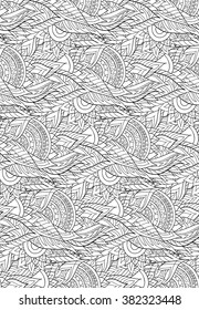 Oriental seamless background pattern. Vector illustration hand drawn. Fantasy flowers and leafs. Line art , black and white.