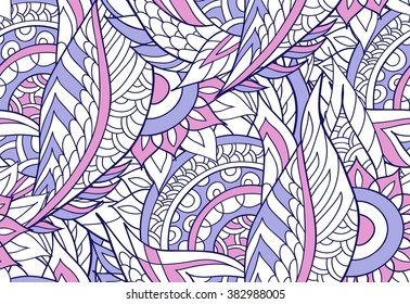 Oriental seamless background pattern. Vector illustration hand drawn. Fantasy flowers and leafs. Line art.
