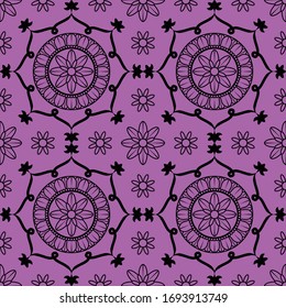 oriental seamless decorative mandala pattern with floral and geometric ornament. traditional ethnic turkish, indian, islamic, motifs. purple background.