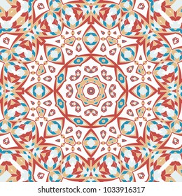 Oriental seamless geometric fabric pattern. Ethnicity ornament. Ornamental background, texture, tiled. Floral elements, mandala decor. Arabic, Islamic, moroccan, asian, indian native african motifs.