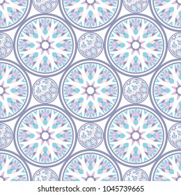 Oriental seamless geometric fabric pattern. Ethnicity ornament. Ornamental rounds background, texture, tiled. Circles, mandala decor. Arabic, Islamic, moroccan, asian, indian african motifs.
