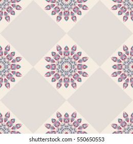 Oriental seamless geometric fabric pattern. Wallpaper ornamental texture, tiled. Floral elements, mandala decor. Arabic, Islamic, moroccan, asian, indian native motifs.