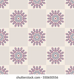 Oriental seamless geometric fabric pattern. Wallpaper ornamental texture, tiled. Floral elements, mandala decor. Arabic, Islamic, moroccan, asian, indian native motifs.
