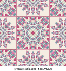 Oriental seamless geometric fabric pattern. Wallpaper ornamental texture, tiled. Floral elements, mandala decor. Arabic, Islamic, moroccan, asian, indian native motifs.