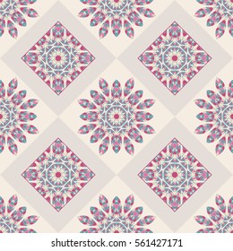 Oriental Seamless Geometric Fabric Pattern. Ethnicity Ornament. Ornamental Background, Texture, Tiled. Floral Elements, Mandala Decor. Arabic, Islamic, Moroccan, Asian, Indian Native African Motifs.