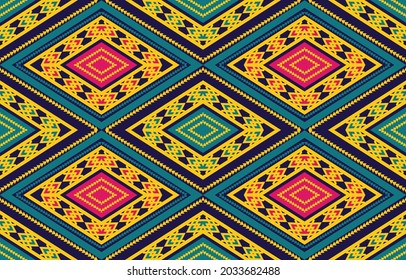 Oriental seamless geometric pattern on blue with yellow background for background design vector illustration and fabric.