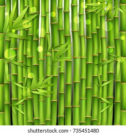 Oriental seamless green pattern composed from young tropical bamboo shoots and leaves realistic vector illustration