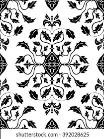 Oriental, seamless ornament. Template for carpets, textiles, wallpaper  and any surface. Floral black silhouette on a white background.