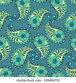 Oriental seamless paisley pattern in blue colors. Decorative ornament backdrop for fabric, textile, wrapping paper.