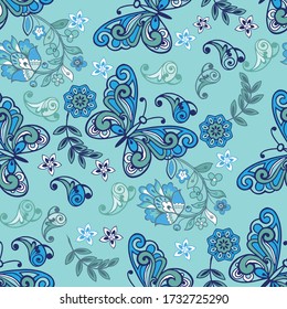 Oriental seamless paisley pattern with butterfly. Floral wallpaper. Decorative ornament for fabric, textile, wrapping paper. Indigo traditional paisley pattern.