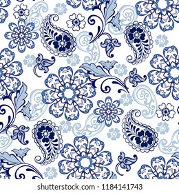 Oriental seamless paisley pattern. Floral wallpaper. Decorative ornament for fabric, textile, wrapping paper. Indigo traditional paisley pattern. 