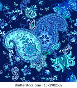 Oriental seamless paisley pattern. Floral wallpaper. Decorative ornament for fabric, textile, wrapping paper. Indigo traditional paisley pattern.