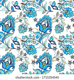 Oriental seamless paisley pattern. Floral wallpaper. Decorative ornament for fabric, textile, wrapping paper. Indigo traditional paisley pattern.