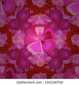 Oriental seamless paisley pattern. Vector striped seamless pattern with cosmos flowers. Floral wallpaper in red, purple and pink colors. Decorative ornament for fabric, textile, wrapping paper.