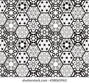 Oriental seamless patchwork pattern. Hexagonal ceramic tile. Black and white. Vector illustration. 