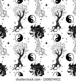 Oriental seamless pattern in asian style with trees and yin yan symbol.
