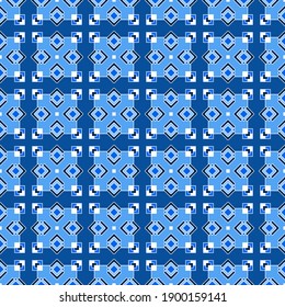 Oriental seamless pattern in blue colors and shades, the intersection of rhombuses and squares with a white outline. Fashionable and glamorous decoration of any of your bold advertising projects.