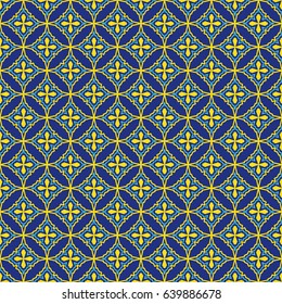 Oriental seamless pattern in blue and yellow colors. Colorful eastern ornament. Vector abstract background.