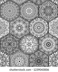 Oriental seamless pattern in colorful boho chic style with mandala in hexagon elements, patchwork imitation