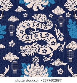 Oriental Seamless Pattern with Dragon and Flower