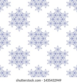 Oriental seamless pattern. Floral trellis of hexagonal groups of flowers. Floral hexagons print. Kaleidoscopic pattern. Vector illustration.