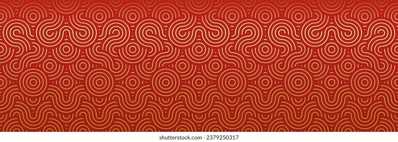 Oriental Seamless Pattern in Geometric Traditional Style. Red and Golden Abstract Waves and Circles. Modern Asian Vector Design for Lunar Festive Decorations and Wallpaper. Premium Vintage Elegance.
