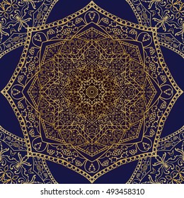 Oriental seamless pattern of gold mandalas. Vector rich blue ornament with floral elements. Template for textile, carpet, wallpaper, shawls.