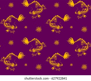 Oriental seamless pattern with golden dragons and chrysanthemum on violet background.