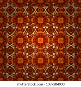 Oriental seamless pattern - korean, japanese or chinese traditional ornament in orange, red and brown colors. Vector background illustration.