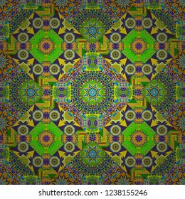 Oriental seamless pattern - korean, japanese or chinese traditional ornament in blue, yellow and green colors. Vector background illustration.