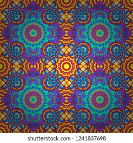 Oriental seamless pattern - korean, japanese or chinese traditional ornament in blue, red and green colors. Vector background illustration.