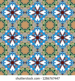 Oriental seamless pattern - korean, japanese or chinese traditional ornament in green, white and blue colors. Vector background illustration.