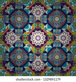 Oriental seamless pattern - korean, japanese or chinese traditional ornament in orange, blue and neutral colors. Vector background illustration.