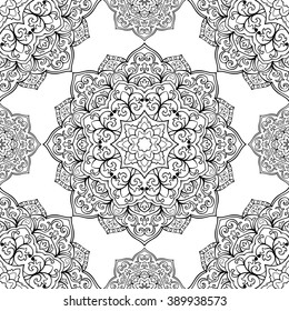 Oriental seamless pattern of mandalas. Vector black and white background.