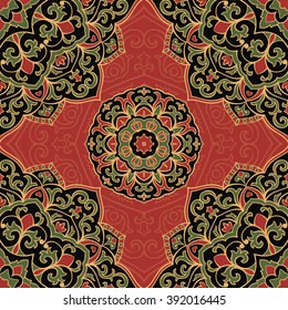 Oriental seamless pattern of mandalas. Vector filigree ornament on a red background. Template for shawls, scarves, blankets, textiles, cushions.