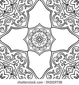 Oriental seamless pattern of mandalas. Vector black and white background.