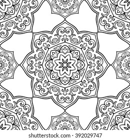 Oriental seamless pattern of mandalas. Vector black and white background.