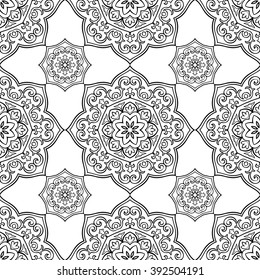Oriental seamless pattern of mandalas. Vector black and white background.