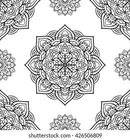 Oriental seamless pattern of mandalas. Vector black and white background. 