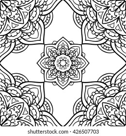 Oriental seamless pattern of mandalas. Vector black and white background. 