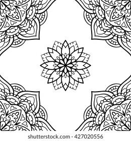 Oriental seamless pattern of mandalas. Vector black and white background. Template for carpet, wallpaper, textile, shawl.