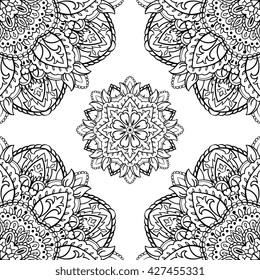 Oriental seamless pattern of mandalas. Vector black and white floral background. Template for textile, carpet, wallpaper, shawls.