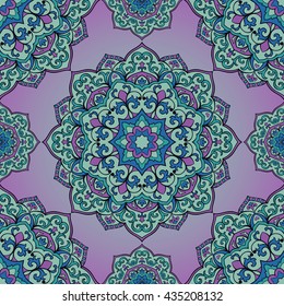 Oriental seamless pattern of mandalas. Vector violet ornament. Template for shawl, scarf, blanket, textile, cushion.