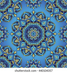 Oriental seamless pattern of mandalas. Vector blue background. Template for textile, carpet, wallpaper, shawls.