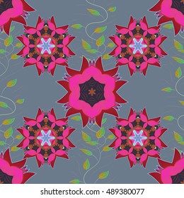 Oriental seamless pattern of mandalas. Vector blue, pink and grey background.