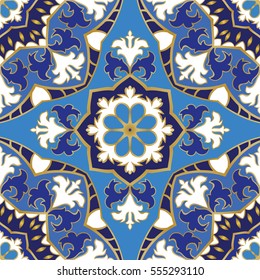 Oriental seamless pattern of mandalas. Vector blue background. Template for textile, carpet, wallpaper, shawls.