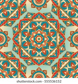 Oriental seamless pattern of mandalas. Vector blue and red background. Template for textile, carpet, wallpaper, shawls.