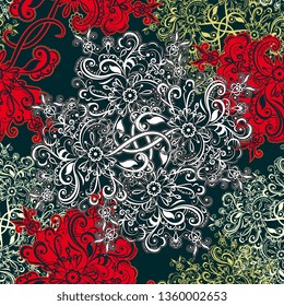 Oriental seamless pattern on a dark background with bright Oriental floral motifs.